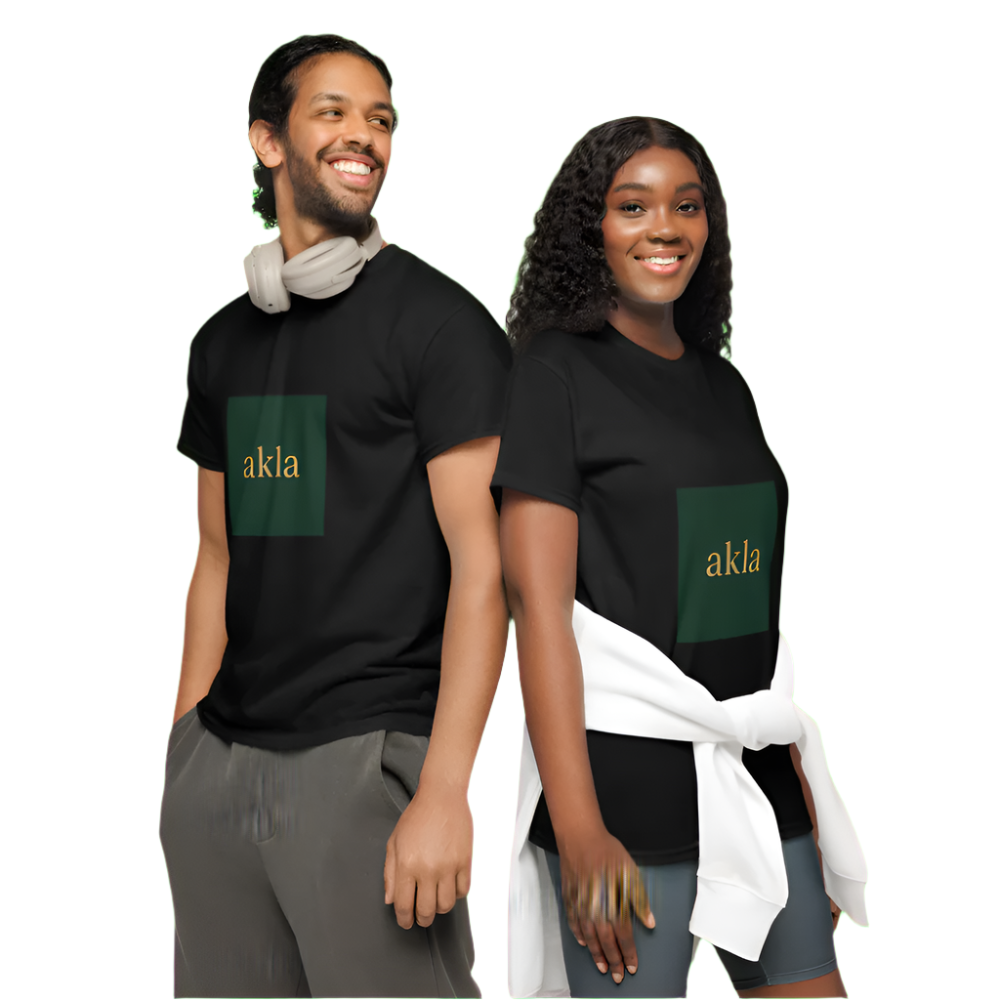 Two people wearing black t-shirts with 'akla' logo on a plain background